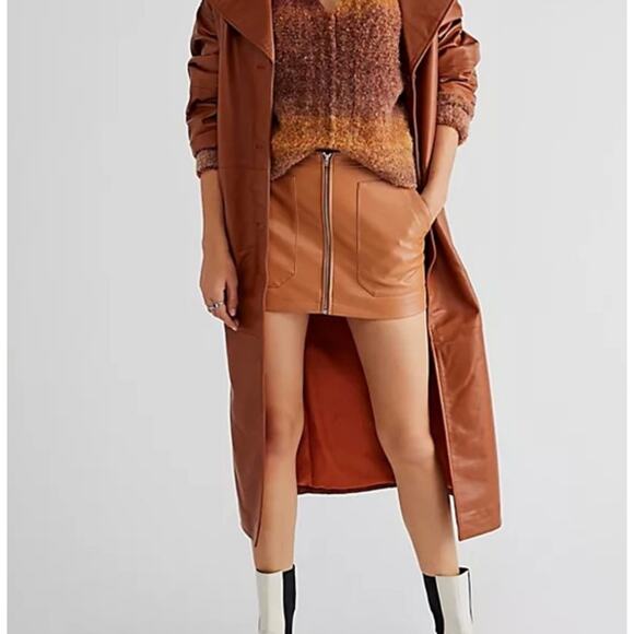 Free People Skirt 4 Brown Maya Mod Faux Leather Mini Light Sand Western Boho - Picture 2 of 13